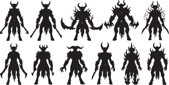 Set of eleven dark fantasy demon silhouettes featuring horned warriors, beastly monsters, and armored creatures with blades isolated on a white background for vector design.
