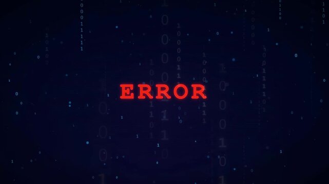 Digital glitch animation with red error text over falling binary code on dark blue background