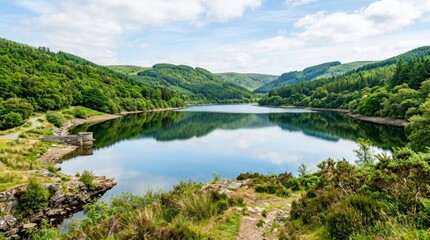Fototapeta premium A serene lake reflects the surrounding green hills and blue sky under a bright, sunny day. The water surface is calm, mirroring the landscape.