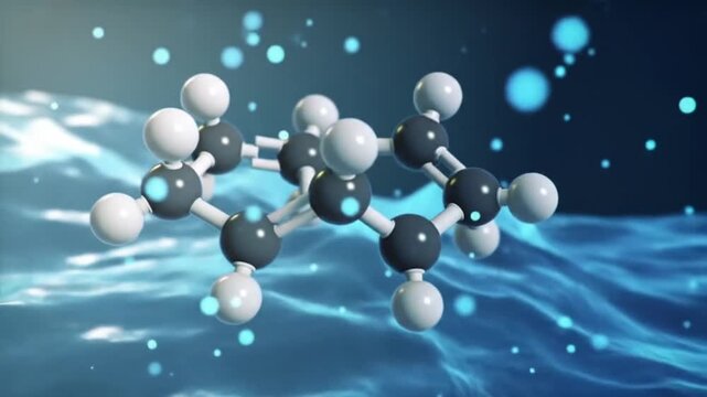 A 3D model molecular structure floats above rippling water with particles.