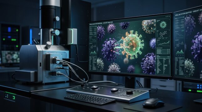 A scientist examines a magnified image of a virus on multiple computer monitors in a laboratory. The scientist is using a sophisticated microscope and a computer workstation.