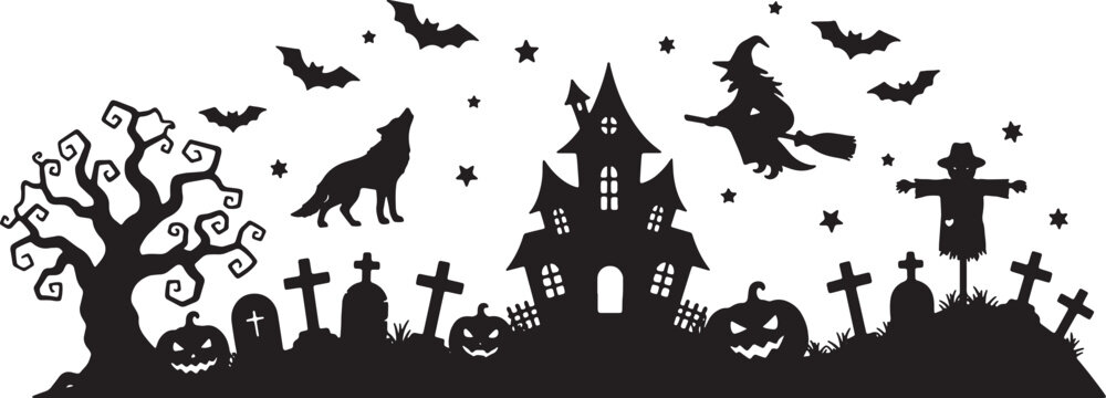 Halloween silhouette featuring a haunted house, flying witch, howling wolf, graveyard tombstones, jack-o'-lantern pumpkins, spooky tree, bats, and scarecrow on white background.