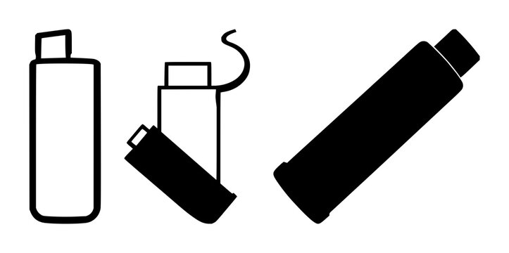Respiratory asthma inhaler set with medical equipment and solid black line art design featuring healthcare, prescription drug, and medicine with oxygen and hospital device
