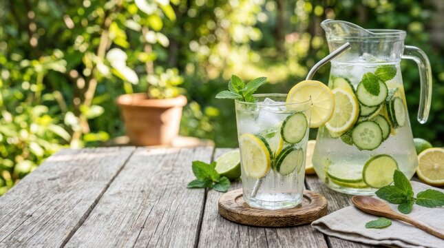 A rustic wooden table holds a glass of refreshing cucumber and lemon infused water. A large pitcher filled with ice and water sits nearby, alongside a wooden coaster and a spoon.