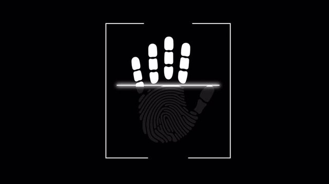 Biometric hand scanner with laser line animation on transparent background, cyber security hand fingerprint access control interface animated.