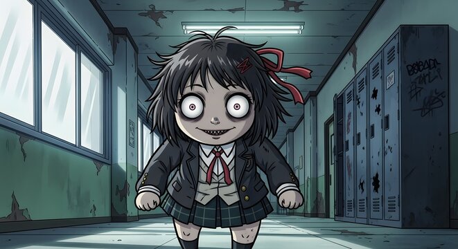 A creepy anime-style girl with wide, staring eyes and a sinister smile stands in a dilapidated school hallway.