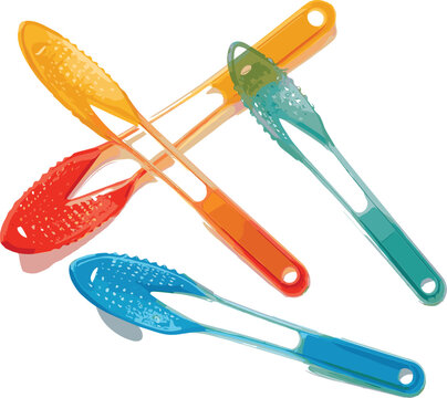 Colorful kitchen tongs collection set, cooking and food serving utensil accessories for household and restaurant vector illustration