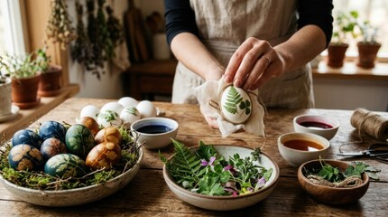 A woman is carefully applying a fern leaf design to a decorated Easter egg. She is using a small piece of cloth to transfer the leaf onto the eggshell.