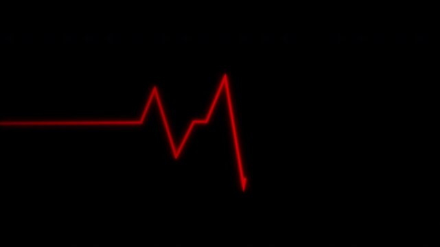 Heartbeat flatline, Cardiogram cardiograph. Bright red medical heart rhythm signal on black screen. Suitable for medical presentations, cardiology concepts, and digital health designs.