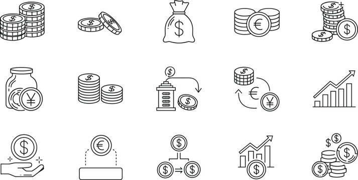 Money and Currency Line Icon Set with Coin Stacks, Money Bag, Euro, Yen, Dollar Exchange, Saving Jar, and Financial Growth Graph Symbols