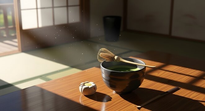 Traditional Japanese matcha tea ceremony setup with a bowl of green tea, bamboo whisk, and wagashi sweet on a wooden table bathed in sunlight.