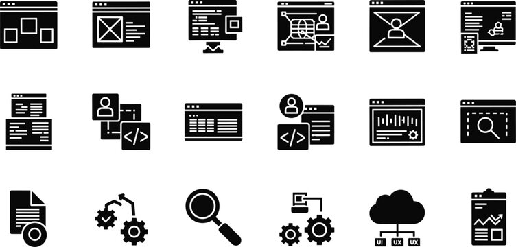 Web Development and SEO Icon Set with Coding, Programming, Wireframe, Data Analytics, Cloud Computing, and Software Engineering Symbols for Tech Websites