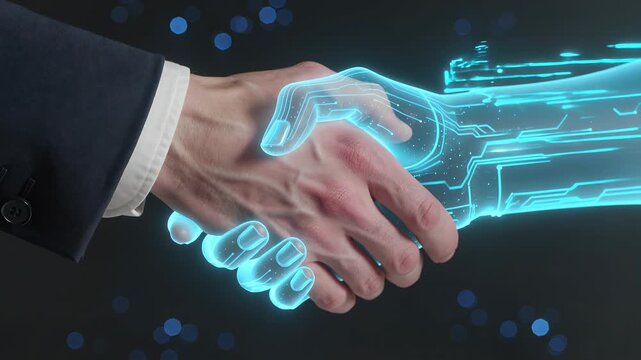 Artificial intelligence business, human and robot handshake for future technology, digital transformation and innovation. Professional man, cyborg and deal in office with machinery, automation, succe