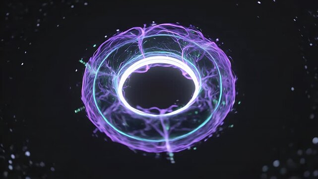 Purple energy ring and abstract space background for scifi movie, futuristic technology and cosmic portal. Glowing portal, nebula and galactic torus with starlight, particle effect and void.