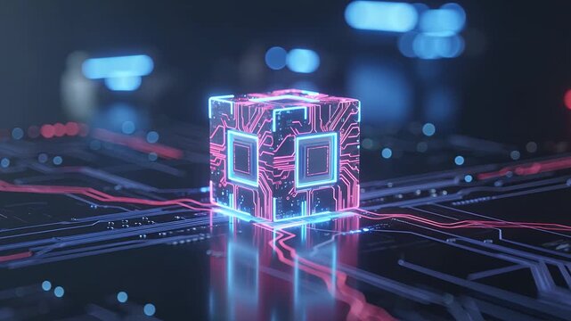 Quantum computing cube, futuristic technology and artificial intelligence for blockchain, data science and network server. Digital computer chip, microchip and cpu with neon light for cyber power now
