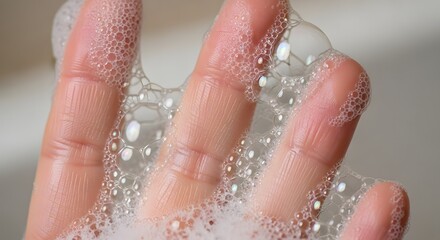 Fototapeta premium Close-up of a human hand covered in white soap bubbles, indicating cleanliness and washing.
