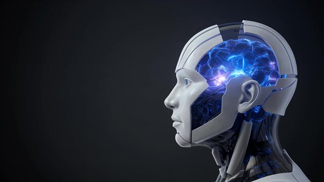 Artificial intelligence, AI robot and digital brain for technology, machine learning and future innovation. Cybernetic android, cyborg head and neural network for research and science progress