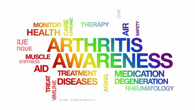 arthritis awareness concept Animated Tag Word Cloud kinetic typography, Text Design Animation typography seamless loop video motion graphics Intro Wordart arrangement rainbow type on white background 