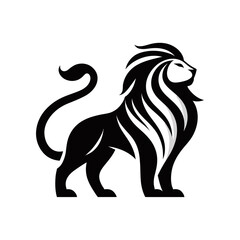 Fototapeta premium Stylized black and white silhouette of a majestic lion standing with a flowing mane and tail, depicted in a modern graphic art style.