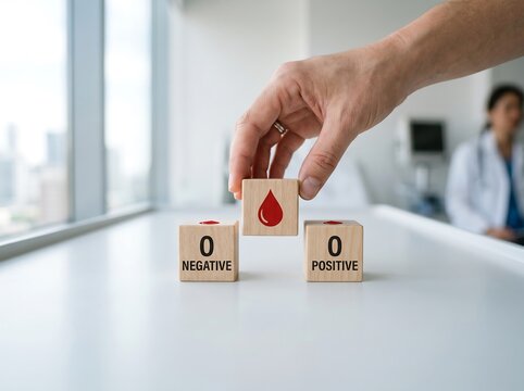 Hand holding blood type block above positive and negative blocks on table