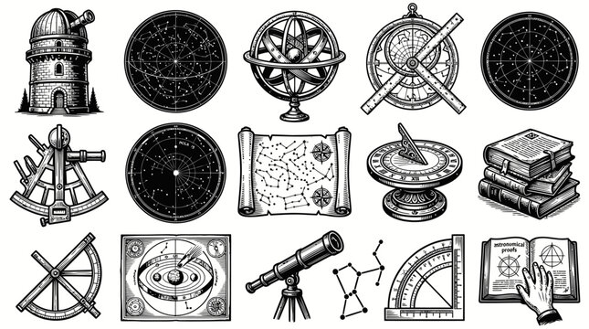 Vintage Astronomy Set: Telescope, Orrery, Sundial, Star Charts, Books, Line Art
