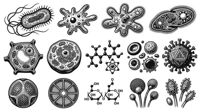 Medical Biology Microscopic Organisms  Cells Black  White Line Art Vector