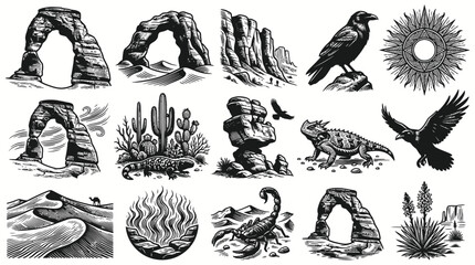 Obraz premium Desert Landscape Icons: Arches, Cacti, Scorpion, Crow, Sun, Sand Dunes - BW Line Art