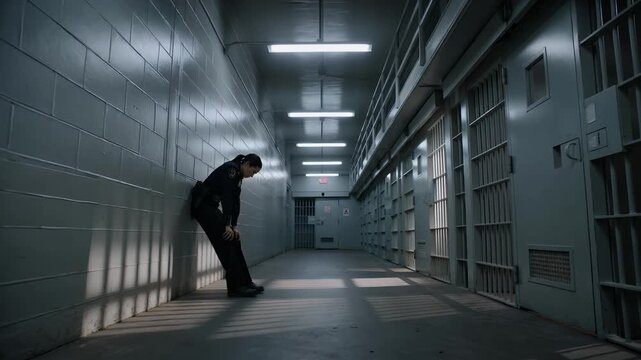 Prison, police officer and jail hallway with tired guard, security and correctional facility for law enforcement. Sad man, depression and mental health with stress, burnout and dark corridor area.