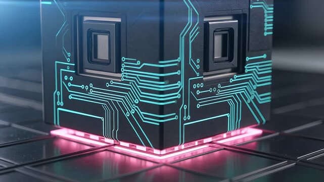 Quantum processor chip, futuristic technology and data storage in server room with glowing blue circuitry. Artificial intelligence, hardware and electronic component for network and computing power.