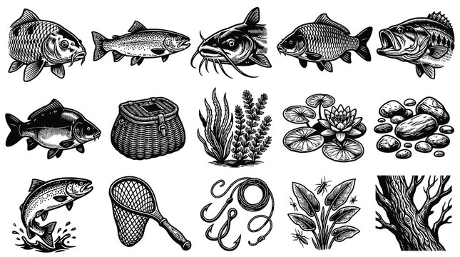 Detailed Fishing  Angling Black and White Line Art Icon Set: Fish, Tackle, Water Plants  Nature Elements