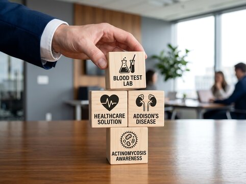 Hand placing wooden blocks with health and medical terms on office table