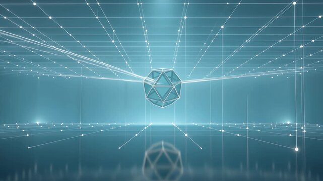 Technology, networking and data processing with digital grid for blockchain, artificial intelligence and 3D geometric shape. Connection, cyberspace and big data with futuristic light and server