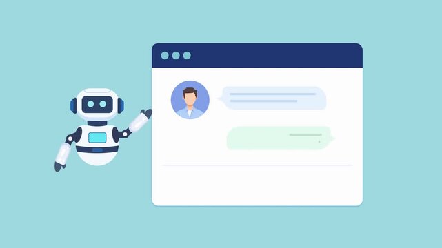 Animated flat illustration of an AI chatbot interacting with a user through a modern chat interface. Ideal for artificial intelligence, virtual assistance, customer communication, automation, and digi