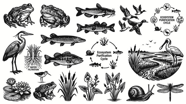 Black and White Line Art Engraving of Pond and Wetland Ecosystem, Aquatic Animals, Plants, and Purification Cycle