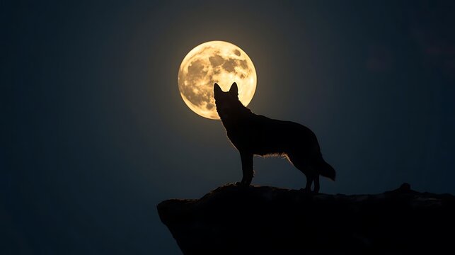 Silhouette of a wolf standing on a cliff edge under the moon