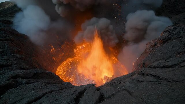 Volcano crater eruption, molten lava and smoke at peak for geology, earth science and natural disaster. Volcanic, mountain and magma with ash, sulfur and steam for research, news and documentary
