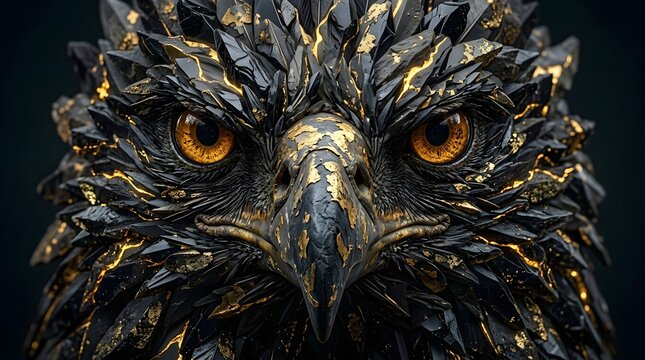 Close up portrait of an eagle head made of black obsidian and gold flakes