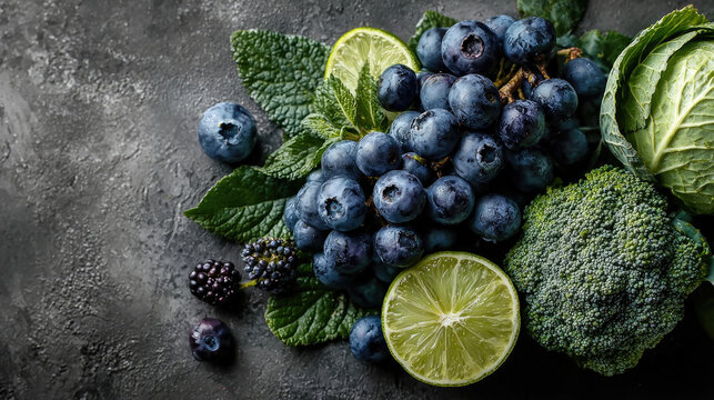 Fresh and Healthy Green and Blue Fruits and Vegetables.