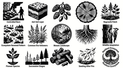 Obraz premium Black White Line Art Illustrations of Forest Fire Ecosystem Renewal and Adaptation