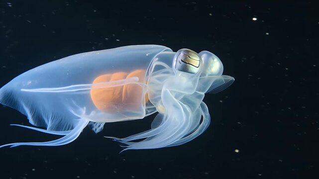 Deep sea squid, transparent glass cephalopod and bioluminescent marine life in dark ocean. Rare aquatic creature, underwater exploration and biology research with unique anatomy, eyes and organs.