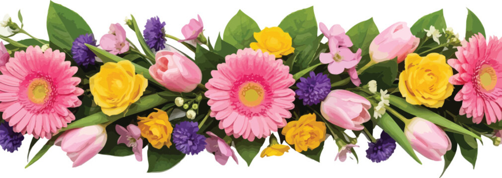 Horizontal floral border with pink gerberas yellow roses and tulips on white background for spring greeting card vector illustration