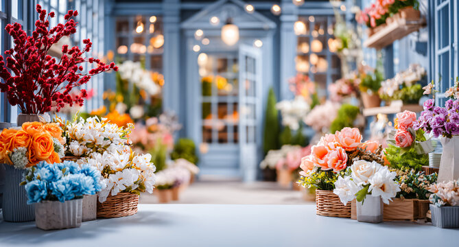 Colorful flower shop storefront with fresh bouquets and potted flowers arranged along a bright walkway. Floral market, gardening, spring and retail business concept.