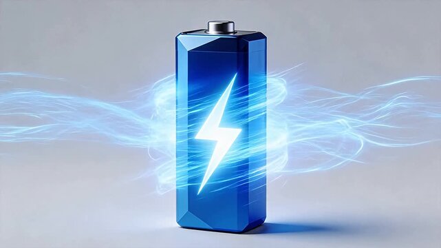 Blue rectangular battery with white lightning symbol surrounded by glowing orange light