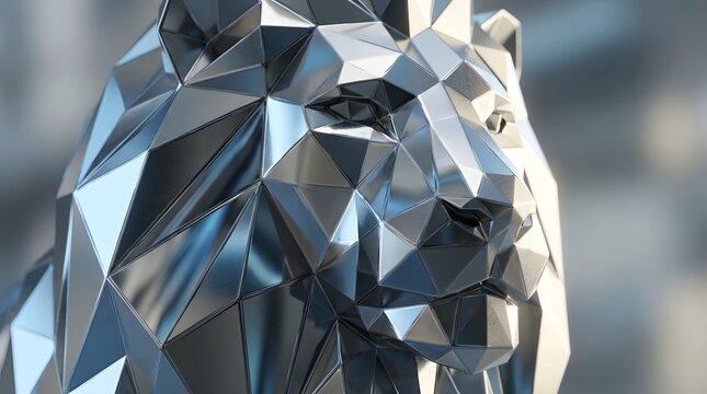 Silver metallic lion head sculpture with geometric low poly design