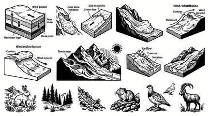 Fototapeta premium Black White Line Art of Avalanche and Mountain Hazards, Wildlife