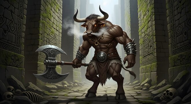 A powerful minotaur creature with a large axe stands in a dark, ancient stone labyrinth with bones scattered on the ground.
