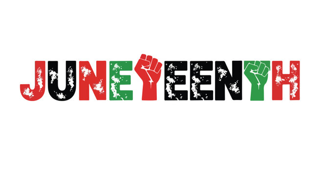 Juneteenth celebration text with raised fist and African American flag colors