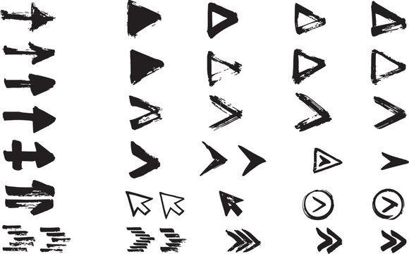 Geometric arrow heads and cursors hand drawn brush stroke elements for graphic design