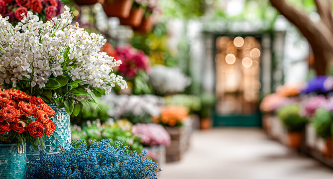 Colorful flower shop storefront with fresh bouquets and potted flowers arranged along a bright walkway. Floral market, gardening, spring and retail business concept.