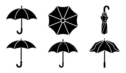 Umbrella Silhouette Collection with Open Closed and Folded Rain Umbrella Icons © Keyapayal